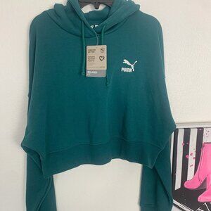 PUMA NWT L Cropped Hooded Sweatshirt Pockets Hunter Green Large Relaxed Fit